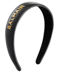 Balmain Black Leather Headband With Gold Plated Logo